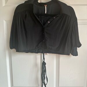 FREE PEOPLE Black Women's tie Cropped silky button down Top